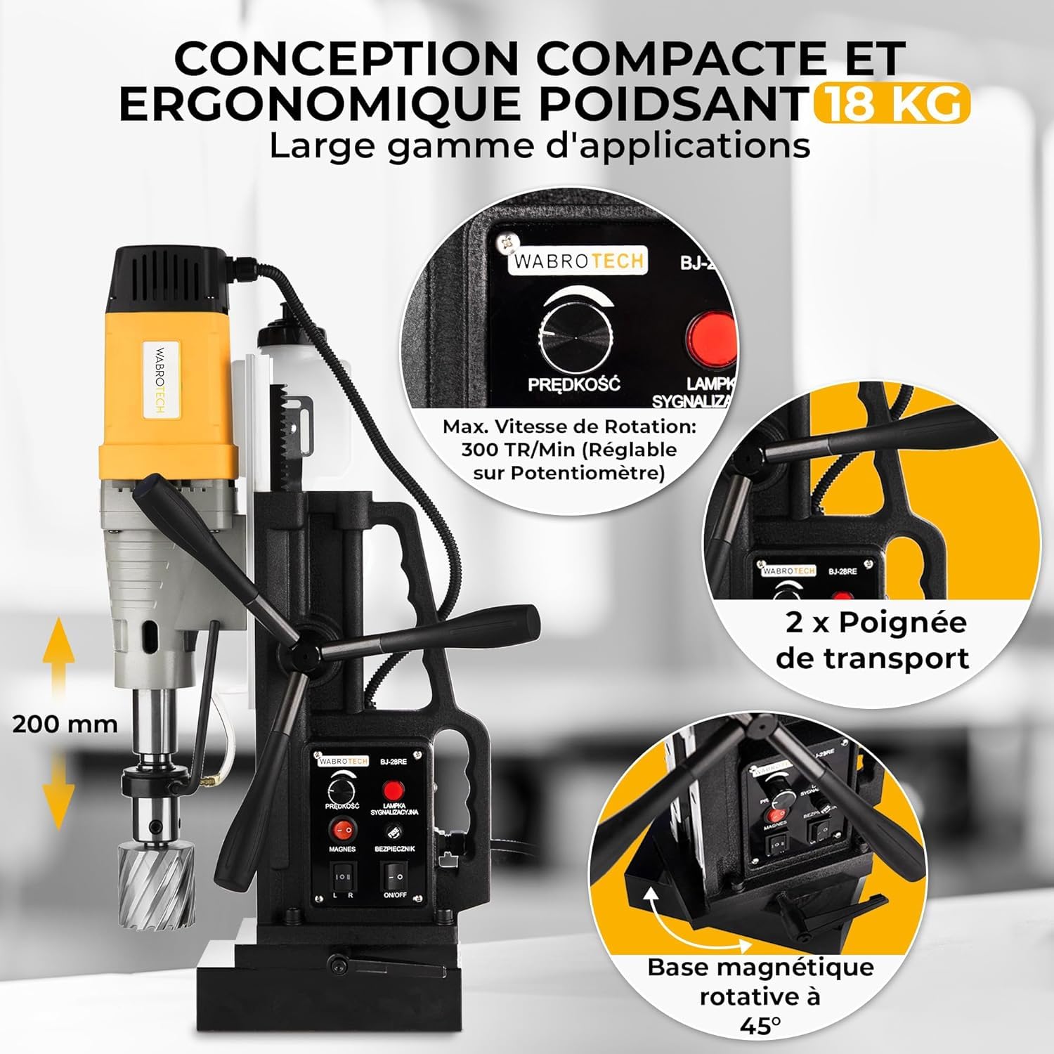 Perceuse Magnétique Carotteuse Fraiseuse Colonne Électro-Aimant WT28RE, FI 60 MM SET 3 (2.080 W, 300 tr/min, Ø Carottage max. 60 mm,Ø Diamètre de perçage(plein): 28mm) +