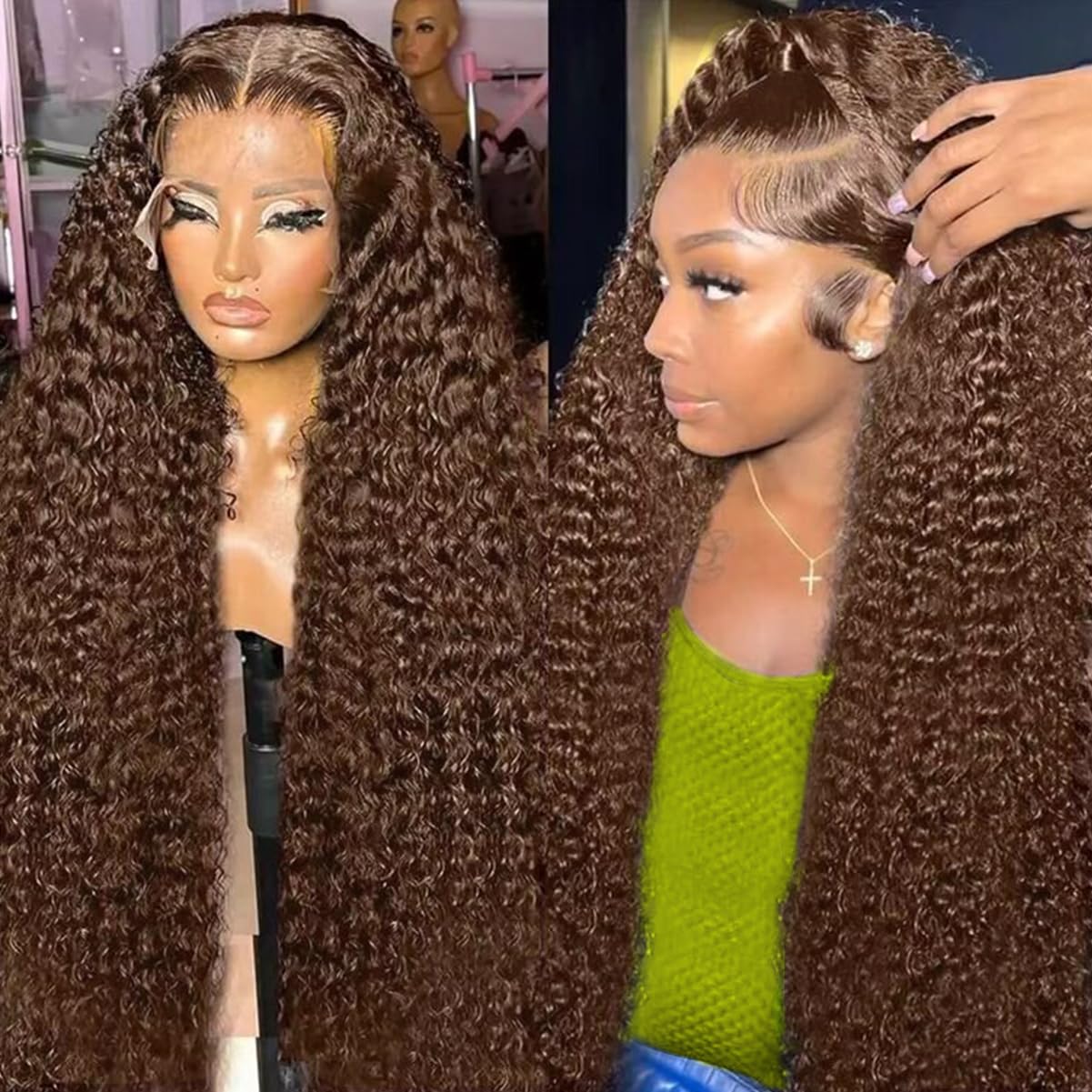 220% Density 13x6 Chocolate Brown Deep Wave HD Lace Front Wigs Human Hair for Women Glueless Brown Deep Curly Lace Frontal Wigs Brazilian Virgin Human Hair Wigs Pre Plucked with Baby Hair（26inch）