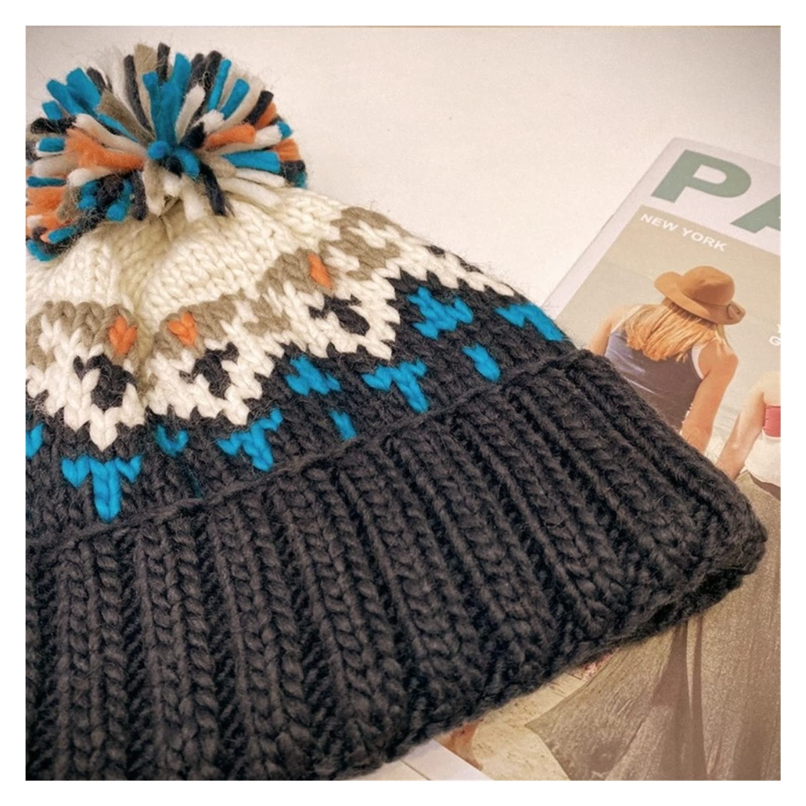 Sombreros Gorros Bordados con Estampado Lindo de Moda Sombrero de Invierno para Mujer y Hombre Gorro cálido con pompón Gorros Beanie de Punto con Hilo Holgado