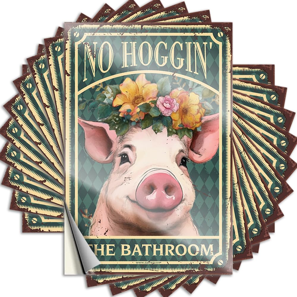 Fzfn Colour Backyard Bar Decor Sticker - Coastal Sports Cover Vintage Pig With Flowers No Hoggin' The Bathroom(12X18cm)