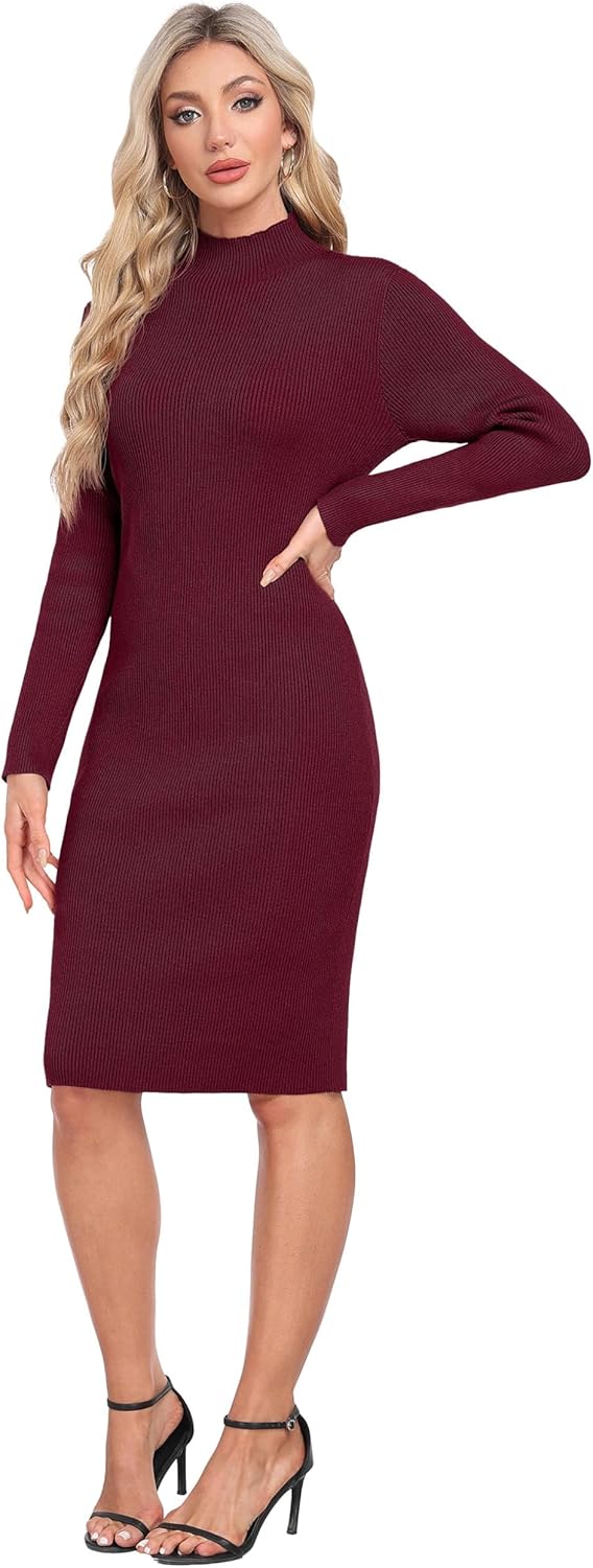 GRECERELLE Womens 2026 Fall & Winter Outfits Sweater Dress Mock Neck Long Sleeve Slim Fit Ribbed Knit Bodycon Midi Dress - Image 3