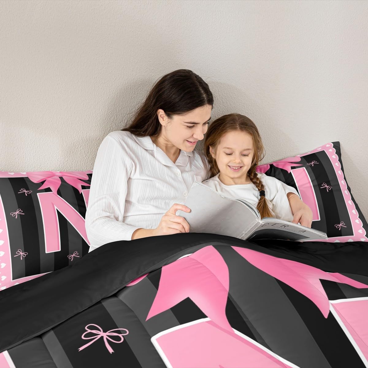 jejeloiu Pink Bow Comforter Set Girl Bow Coquette Bedding Set Twin Size for Kids Boys Girl Personalized Letter N Duvet Quilt Butterfly Knot Princess Duvet Initial Letter N Bedroom Decor