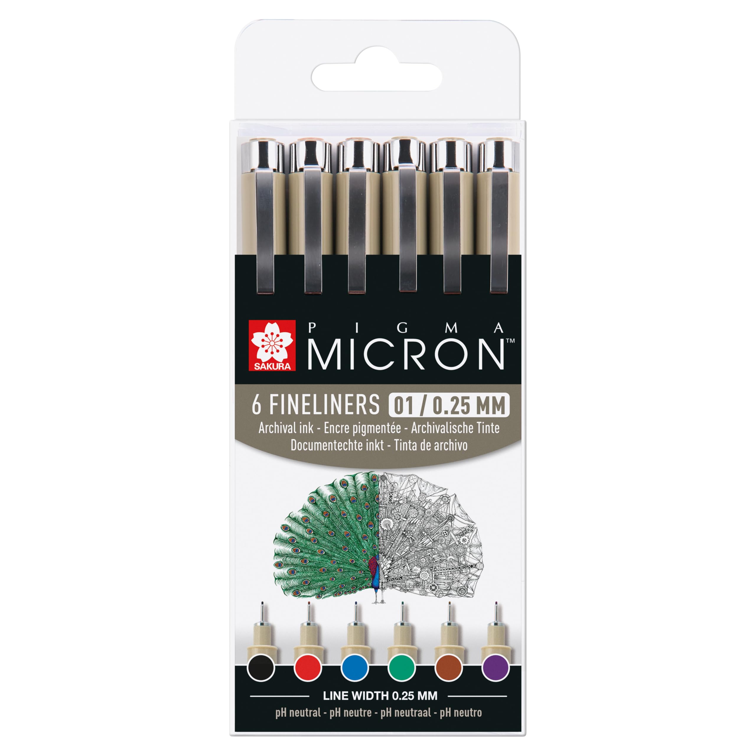 Pigma Micron 01 Fineliner Set - 6 Colours - 0.25 mm Pens - Permanent Waterproof Ink for Artists & Designers