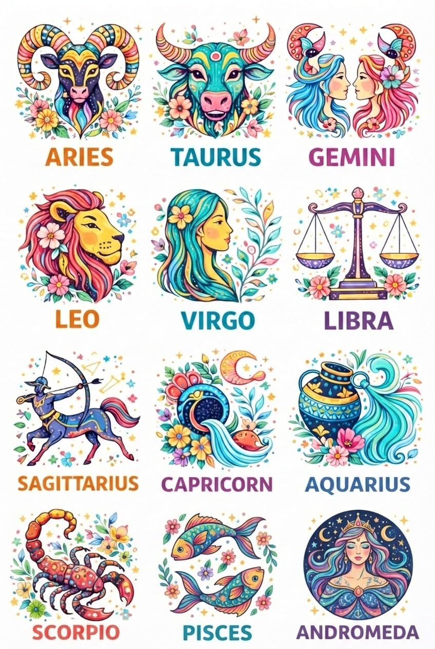 Zodiac Signs UV DTF Cup Wraps Transfer Stickers, 2.5x2.5 Inch, Waterproof Decals for Mugs, Water Bottles, Laptops, 12 Pack