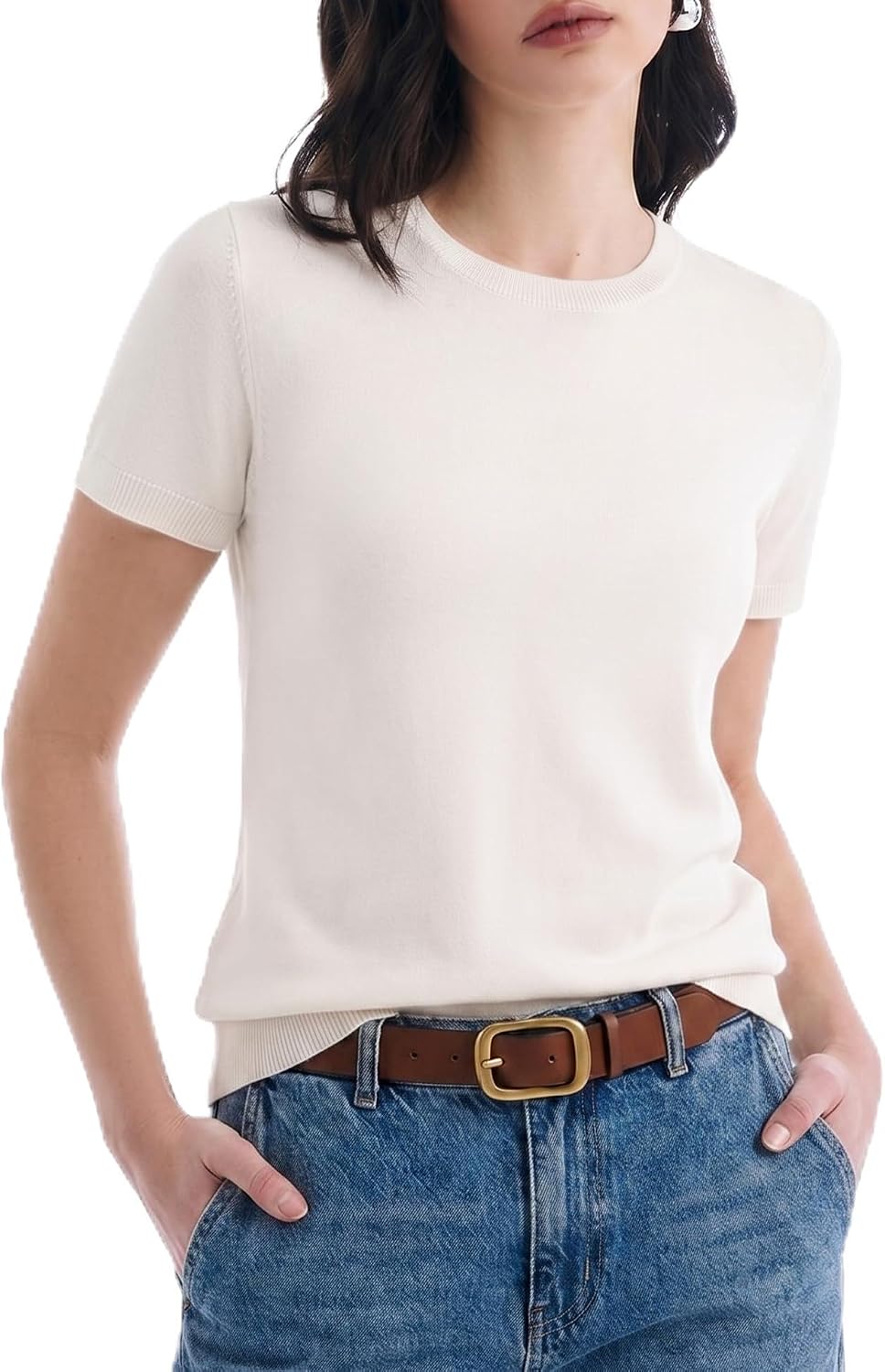 Women's Wool Blend Lightweight Short Sleeve Sweater Crew Neck Pullover Business Summer Tops Grace in Motion Collection