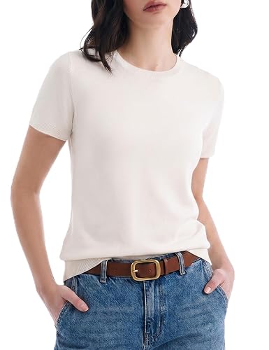 Women's Wool Blend Lightweight Short Sleeve Sweater Crew Neck Pullover