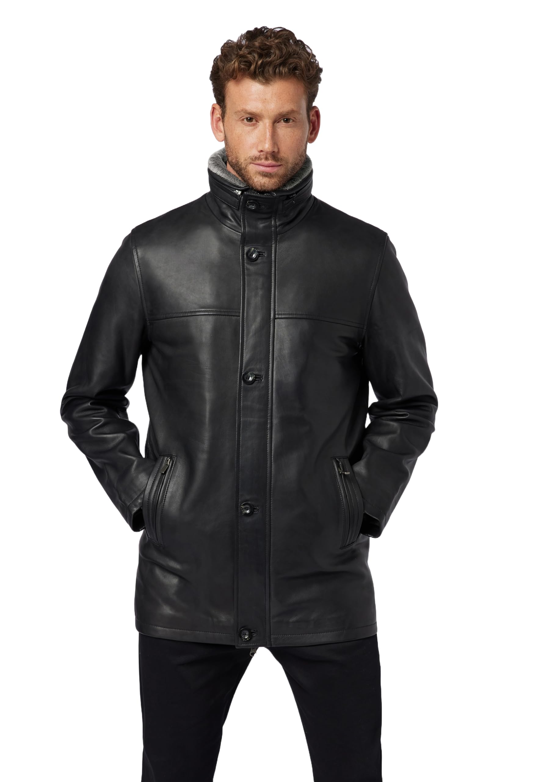 RICANO Jemenez - Herren Leder-Kurzmantel mit Stehkragen, abtrennbarer Kunstfellfütterung und Zierzipper (Slim Fit) - hochwertiges Lamm Nappa Leder