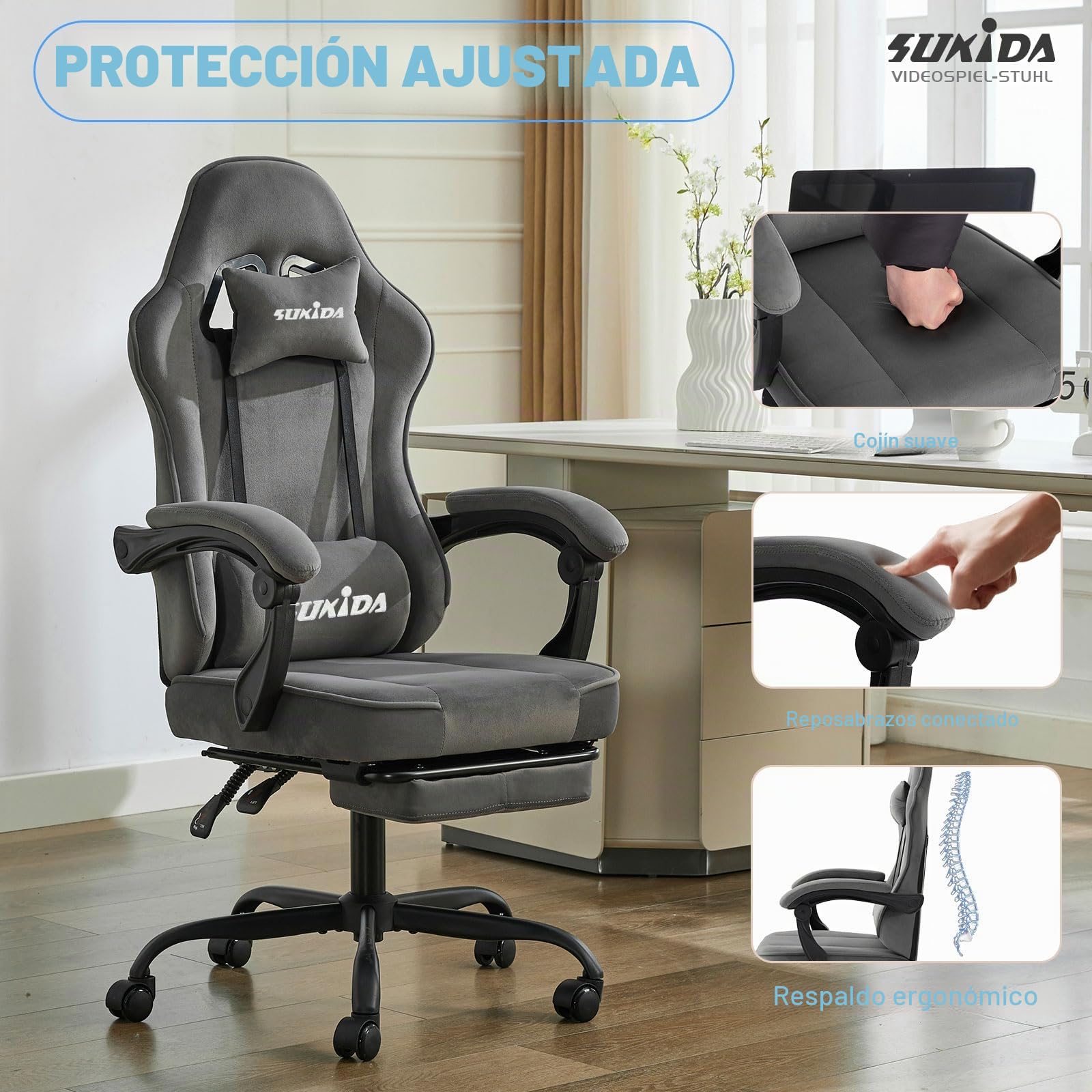 SUKIDA Silla de gaming de tela, silla ergonómica para videojuegos con reposapiés, silla de ordenador de carreras ajustable con soporte lumbar, gris silla ergonómica para PC