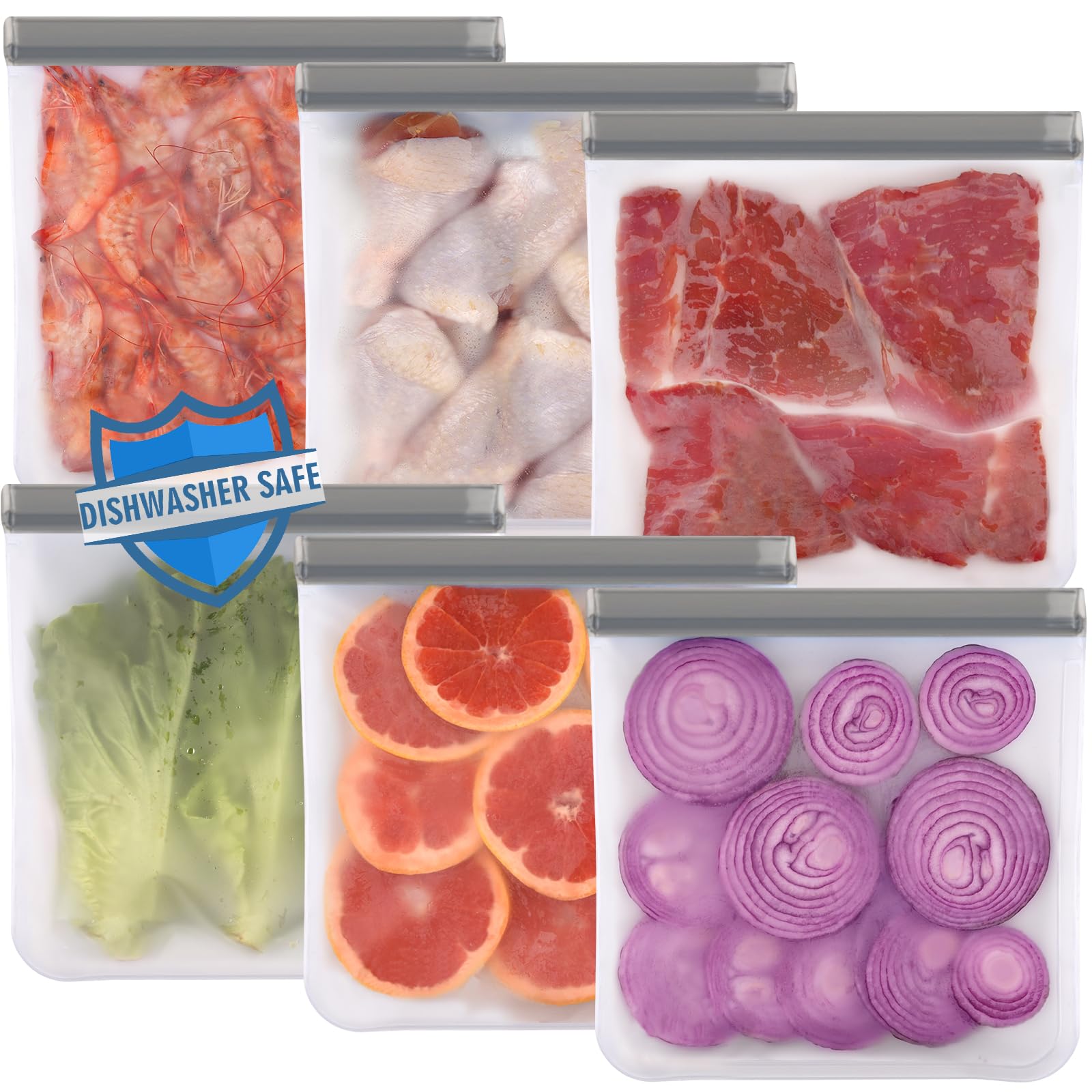 Lerine 6 Pack Reusable Gallon Freezer Bags Dishwasher Safe, BPA Free Reusable Food Bags, Leakproof Food Storage Bags for Marinate Meats, Cereal, Vegetables, Home Organization