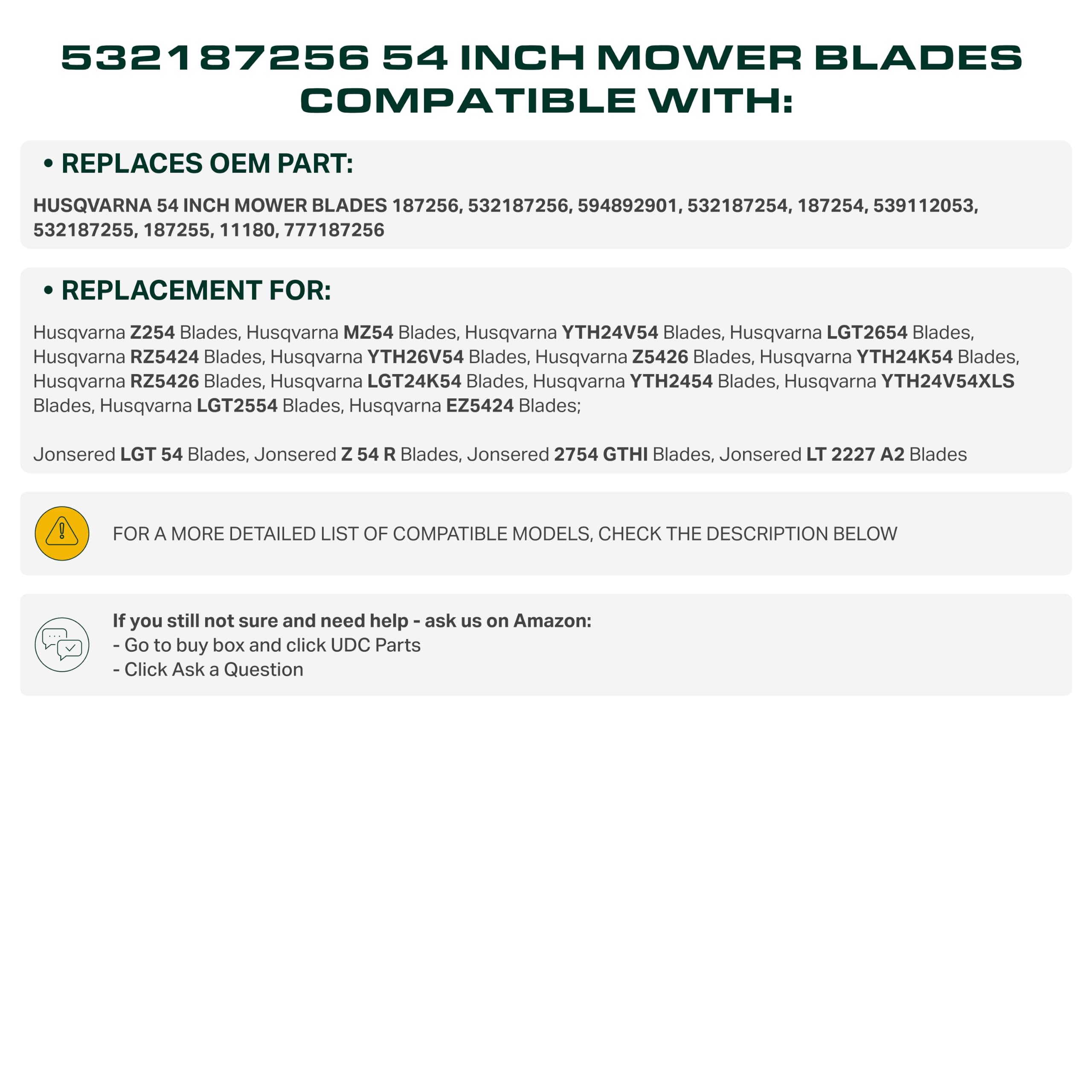 UDC Parts 532187256 - Cuchillas de cortacésped de repuesto para Z254 Husqvarna 137.2 cm RZ5426 YTH26V54 LGT2654 MZ54S RZ5424 YTH2454 187256 532 18 72-56 Craftsman Poulsman Paquete de 3 Elevación alta