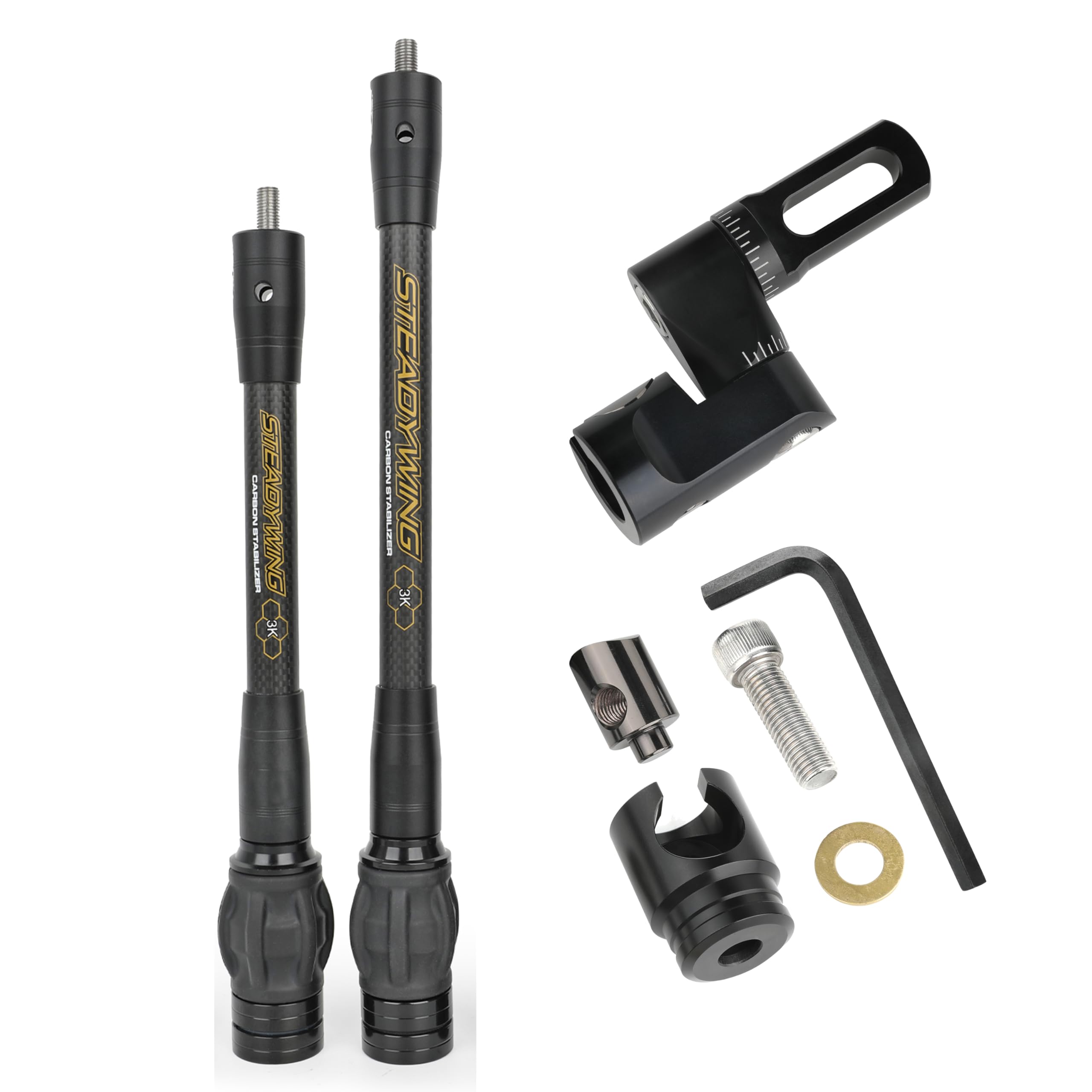 AMEYXGS Stabilisateur d'arc de tir à l'arc pour arc composé en fibre de carbone 3K de 15,2 cm, 20,3 cm, 25,4 cm, 30,5 cm et 38,1 cm, système d'amortissement, kit de poids, support de barre en V sur un