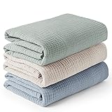 Konssy 3 Pack Muslin Swaddle Blankets for Unisex, Newborn Receiving Blanket, Large 47 x 47 inches, Soft Breathable Muslin Baby Swaddles for Boys & Girls Blue