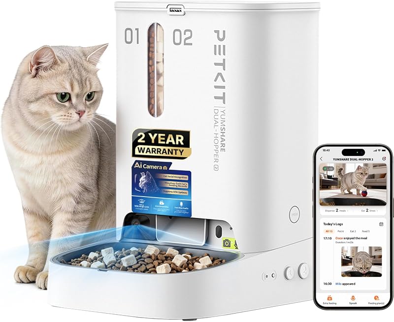 PETKIT Automatic Cat Feeder with Camera, Upgraded Multi-Cat Recognition, Night Vision,2.4G&5G WiFi Dog Feeder with Freshness Lock,5L Timed Dual Hopper Food Dispenser with Low Food Sensor