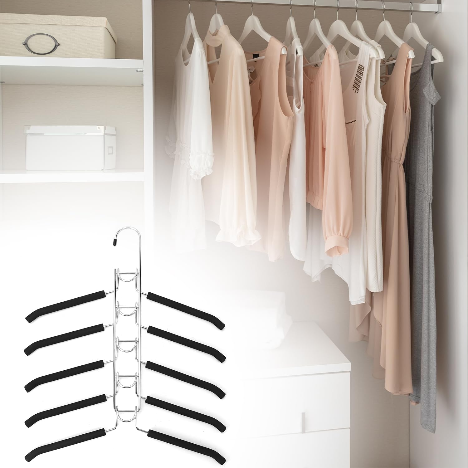 QWORK Kleiderbügel, platzsparend, strapazierfähig, 5-in-1, mehrschichtige Metall-Kleiderbügel mit rutschfestem Schaumstoff, für T-Shirts, Blusen, Mäntel, Anzüge, Pullover, T-Shirts, 4 Stück