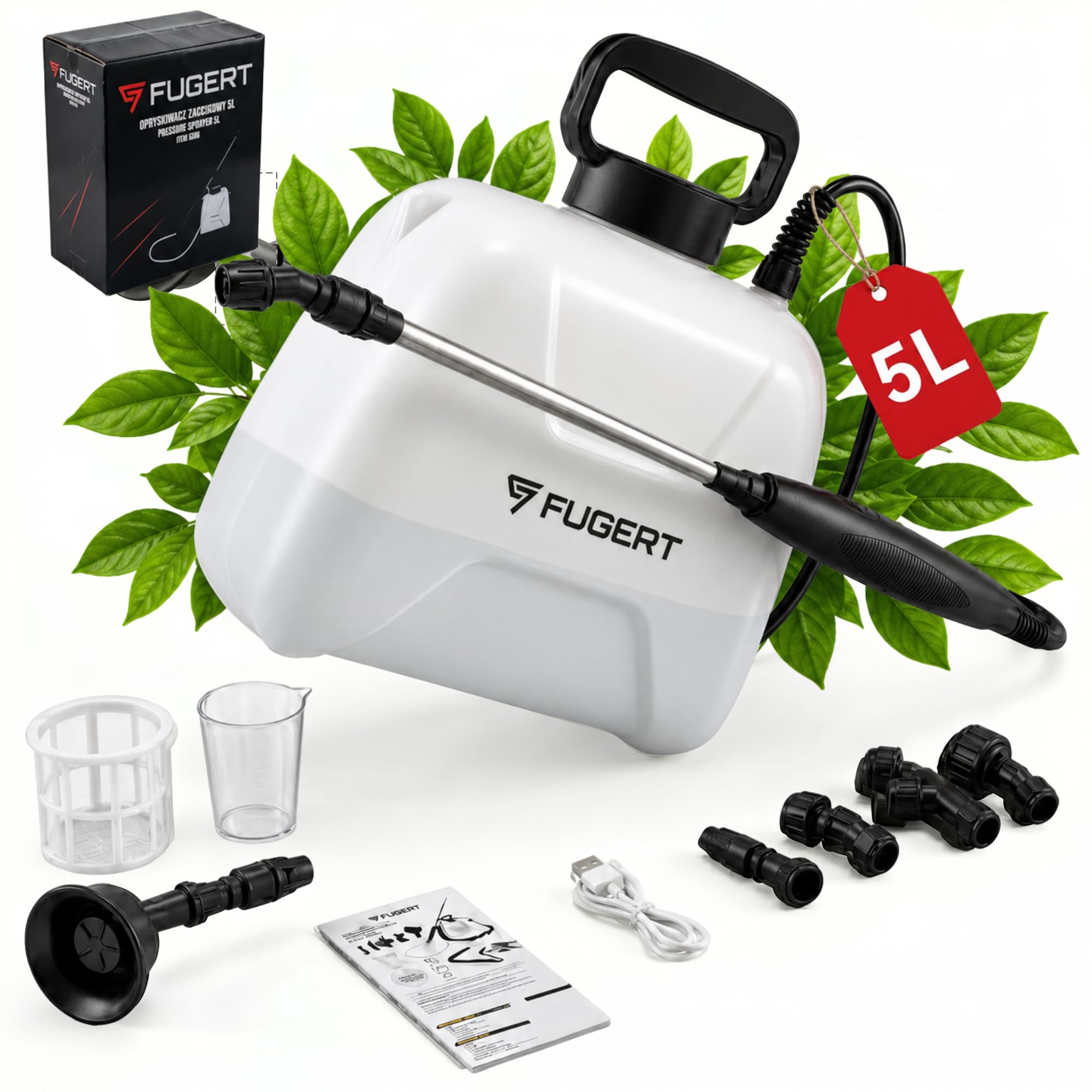 Akku Drucksprüher, elektrischer Gartensprüher mit USB-C, 3,5 Bar, Pflanzensprüher mit Teleskoplanze 27–49,5 cm, 5 Düsen, Schultergurt, Gartenspritze für Garten & Pflanzen (5L)
