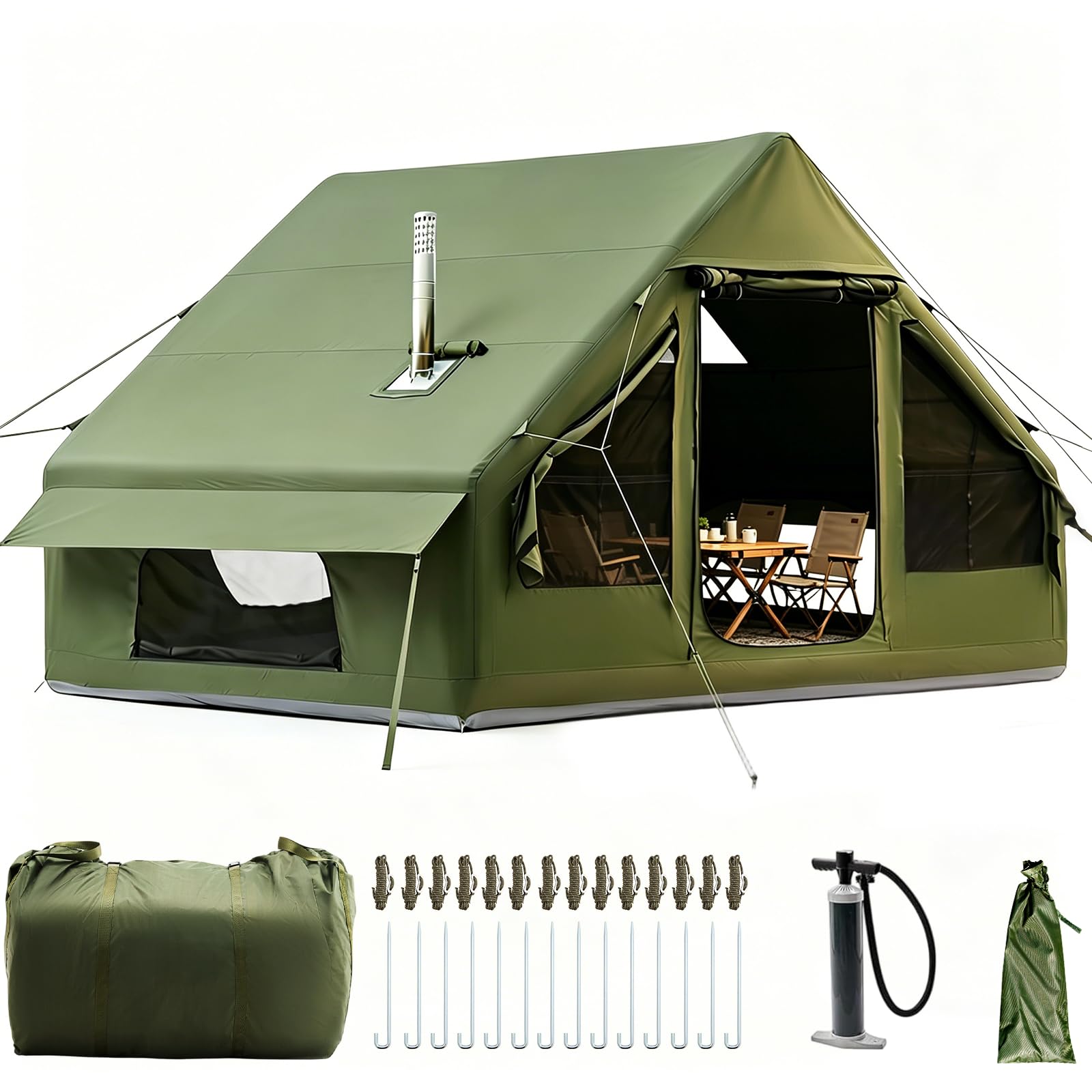 Aufblasbares Campingzelt mit Pumpe, 420D Oxford Glamping Aufblasbares Zelt für Camping, Wasserdicht bis 3000MM, 4 Saison Winddicht Kabinenzelt mit Mesh