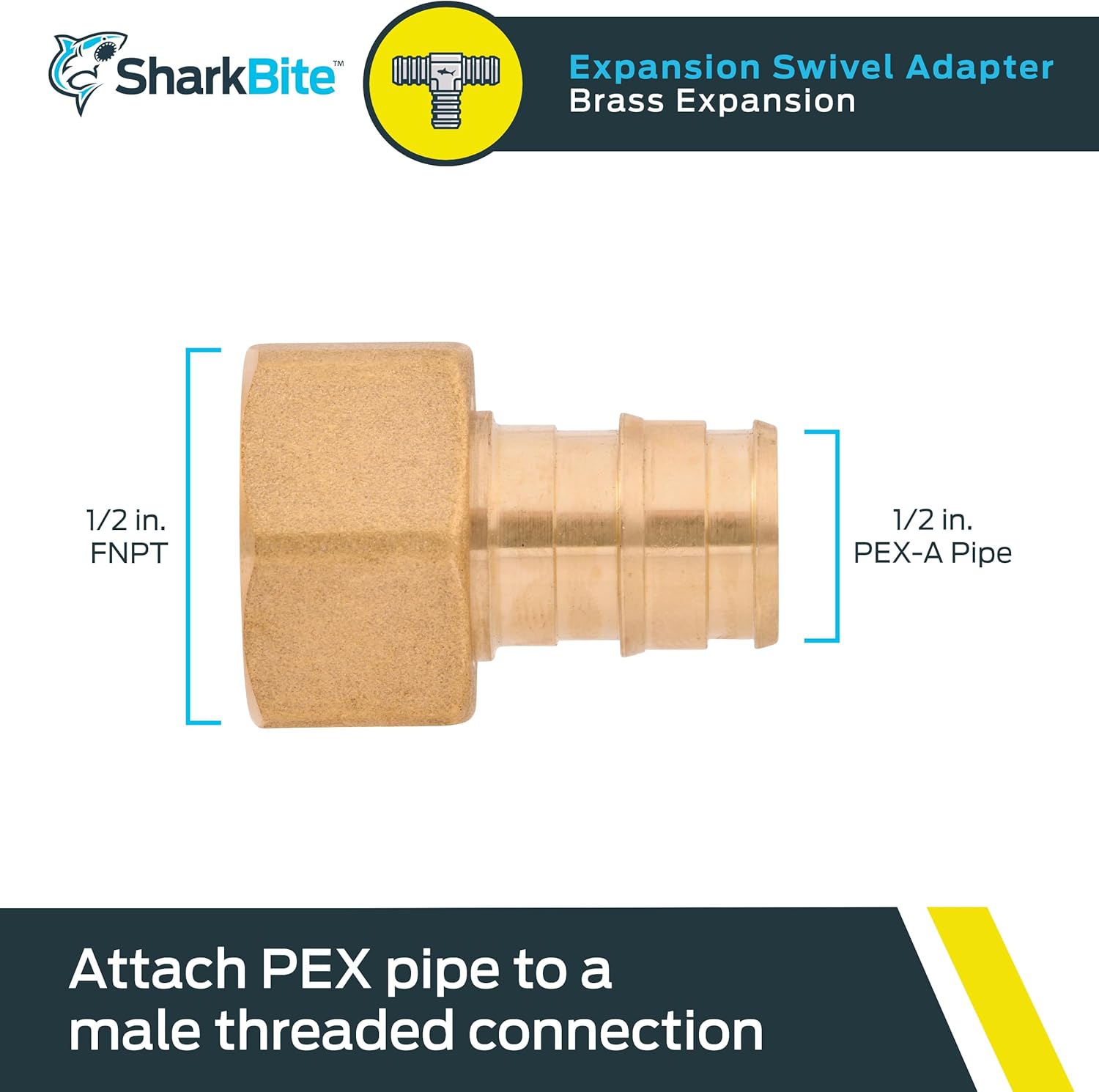 SharkBite 1/2 x 1/2 Inch NPSM Expansion FNPT Swivel Adapter for PEX-A Pipe, Brass Plumbing Fittings, Female Adapter for PEX-A Tubing, UAB526LFA
