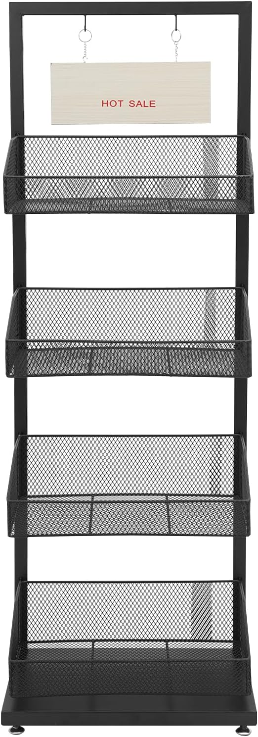 Snack Display Shelf, 4-Tier Retail Storage Rack with Signboard, Candy Organizer Fruit Storage Basket Shelf for Convenience Stores, Supermarkets, Stationery Stores,17.72×10.83×52.76In (Black)