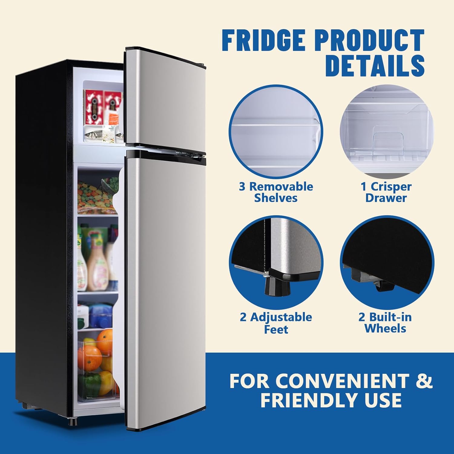 4.5 CU.FT Capacity Compact Refrigerator with Freezer Double Door Mini Fridge Small Apartment Refrigerator with 7 Adjustable Temp Control & 3 Glass Shelves for Kitchen Office Dorm Silver