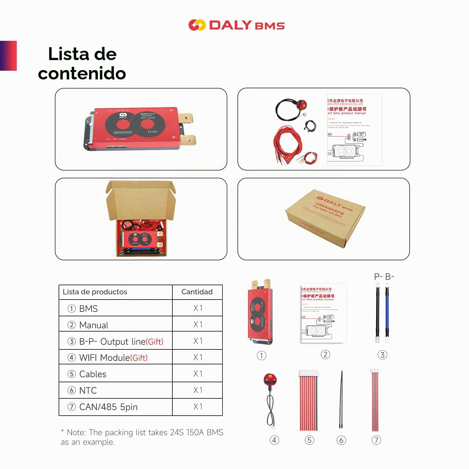 DALY BMS 8S 24V 200A BMS Inteligente con módulo WiFi, Bluetooth, Placa de protección de batería de Litio LifePO4, Compatible con Can RS485 para Almacenamiento de energía en el hogar
