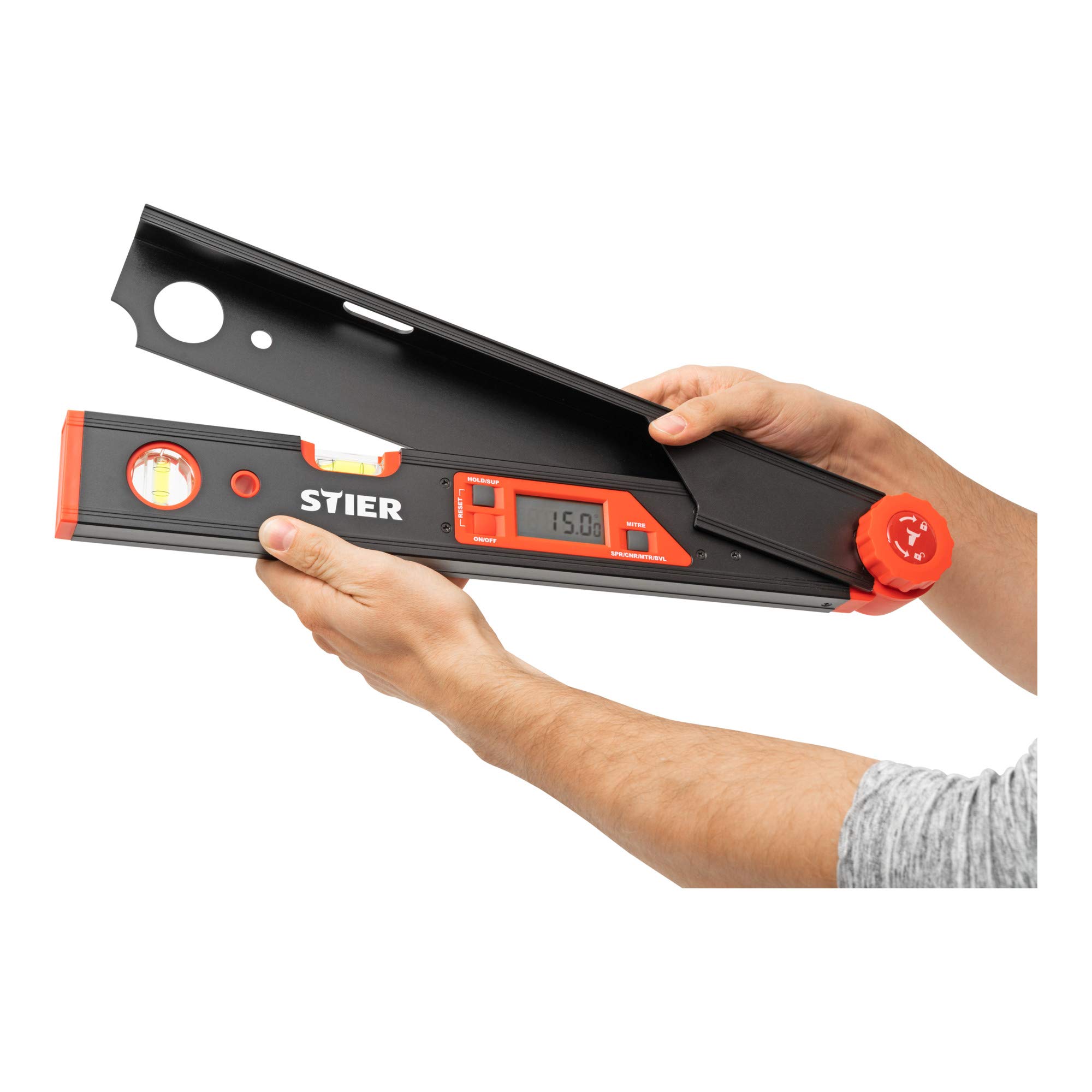 STIER Digitaler Winkelmesser SDW 450 LCD-Display ±0,1° Aluminium 450 mm, Winkelschmiege mit Feststellfunktion, LCD Display, integrierte Wasserwaage, relative und absolute Winkelmessung