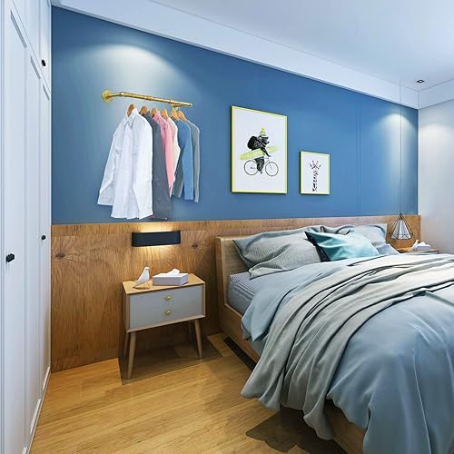 Vista 2 de Perchero de ropa de oro de tubería industrial, Perchero dorado montado en la pared de 30 pulgadas, Perchero de ropa de tubería industrial, Barra