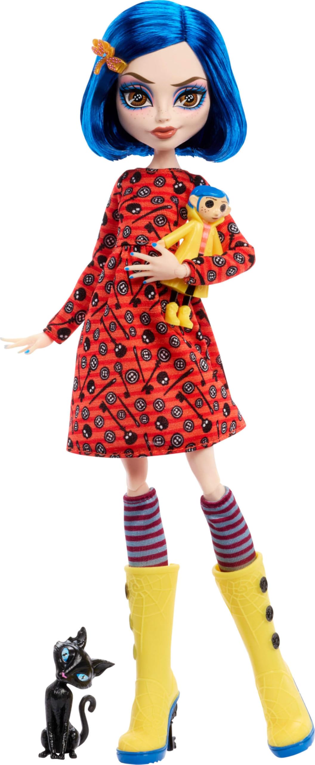 Monster High Skullector Doll, Coraline Collectible in Yellow Raincoat with Dress and Accessories Like Rag Doll, Cat Figure, and Doll Stand - 5