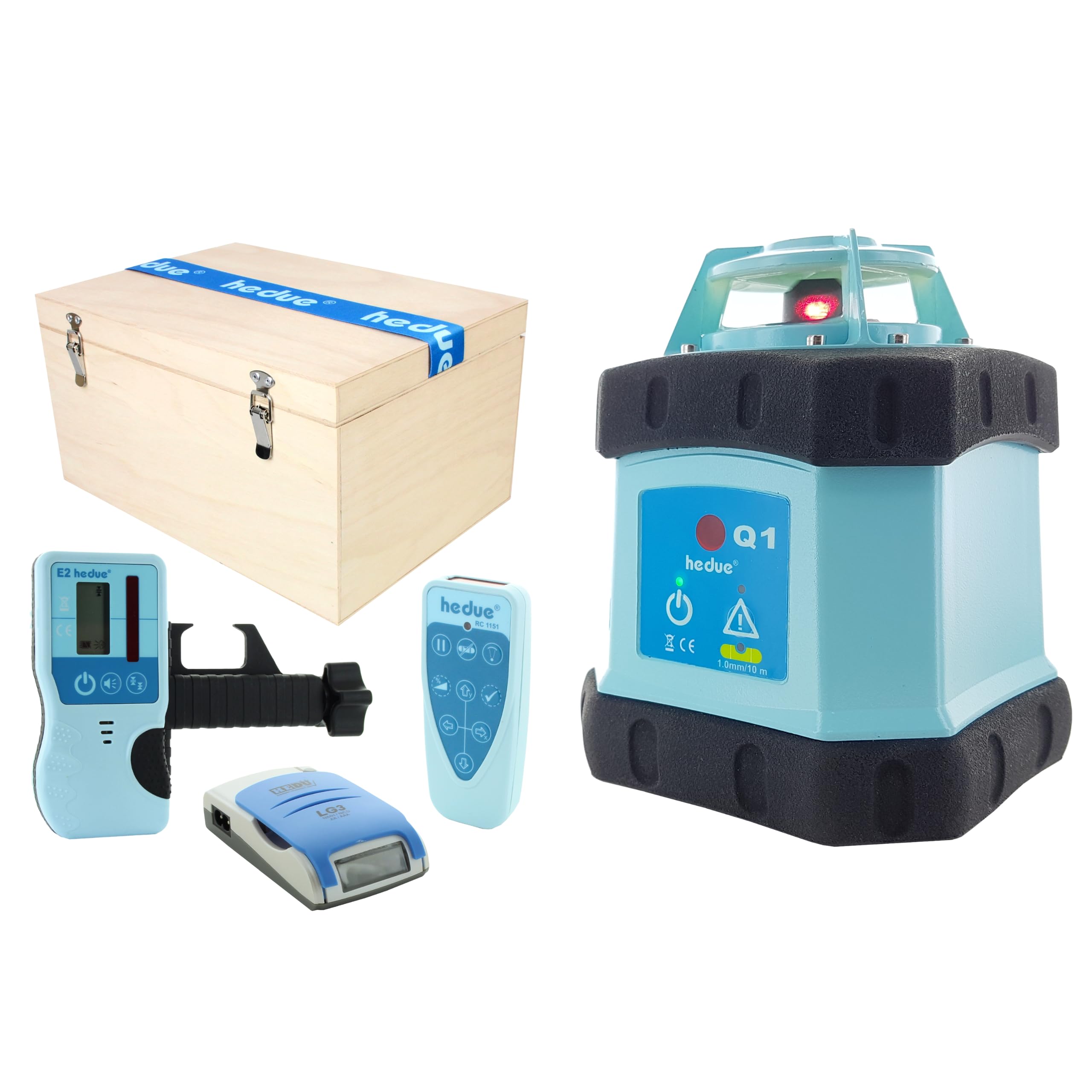 hedue® Rotary Laser Level with Receiver Kit Q1 - Rotating Laser Level with Working Range 500 m, in Bag (in Wooden Case)
