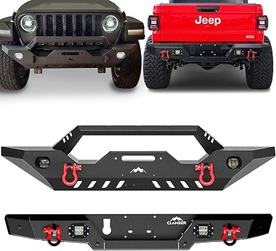 CLAMBER Front + كومبو المصد الخلفي متوافق مع 2020-2024 Jeep Gladiator JT Heavy Duty Bumper Guard مع لوحة ونش مدمجة ، طلاء مسحوق أسود محكم ، قابس مقطورة متوافق