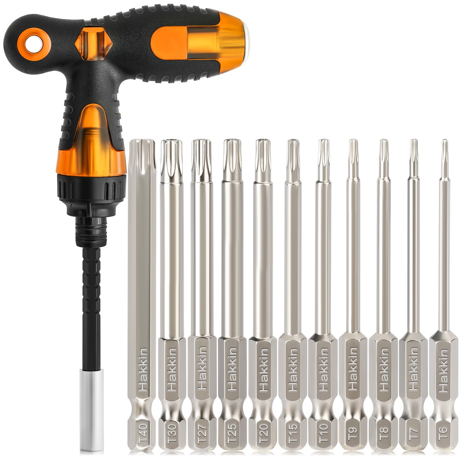 Hakkin Men's 11Pcs 75Mm Torx + Handle 13Pcs Torx Screwdriver Sets Torx Bit Set With Ratchet Screwdriver 75Mm Torx Security Bit Set S2 Steel T6-T40 Magnetic Tamper Proof Bits For Screwdrivers, Impact Drill, Ratchet Wrench Etc