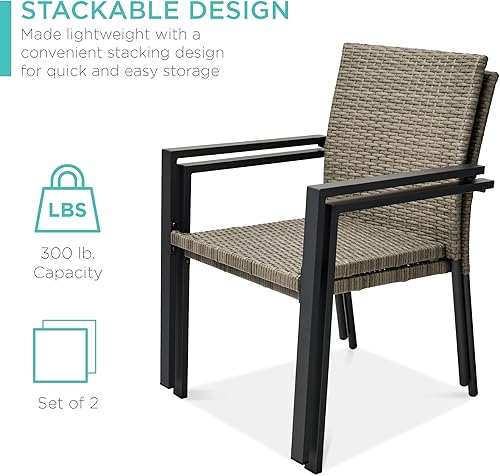 Miniatura 4 de Best Choice Products Juego de 2 sillas de comedor apilables de mimbre para exteriores para todo tipo de clima, con reposabrazos, marco de acero para