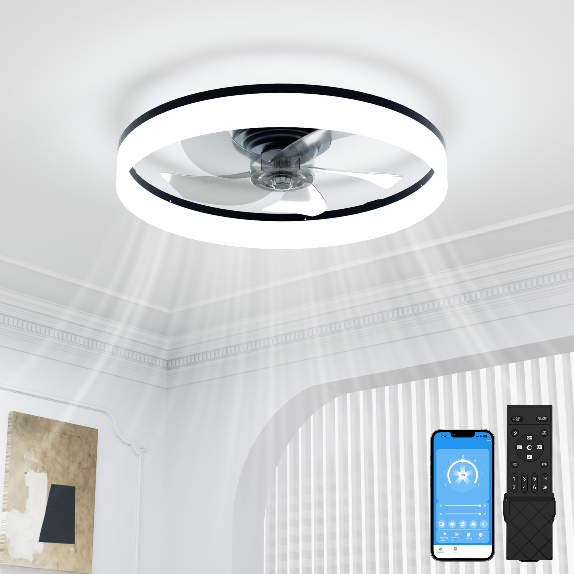 Sunkenet Matte Black 50Cm Ceiling Fans With Lights And Remote, Ceiling Fan Light, 3000K-6500K Dimmable Smart Led Fan Light, 6 Wind Speeds & Reversible, Black Modern Fan Light Ceiling For Bedroom
