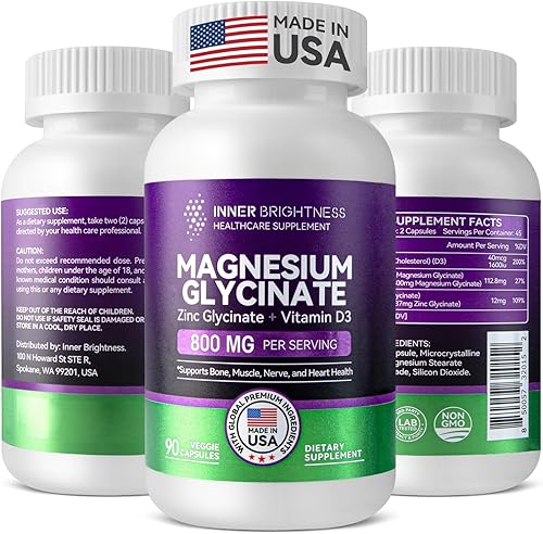 Glicinato de magnesio - Suplemento de magnesio con zinc y vitamina D3 para apoyo inmunológico, óseo y muscular y salud cardíaca - Sin OMG, sin