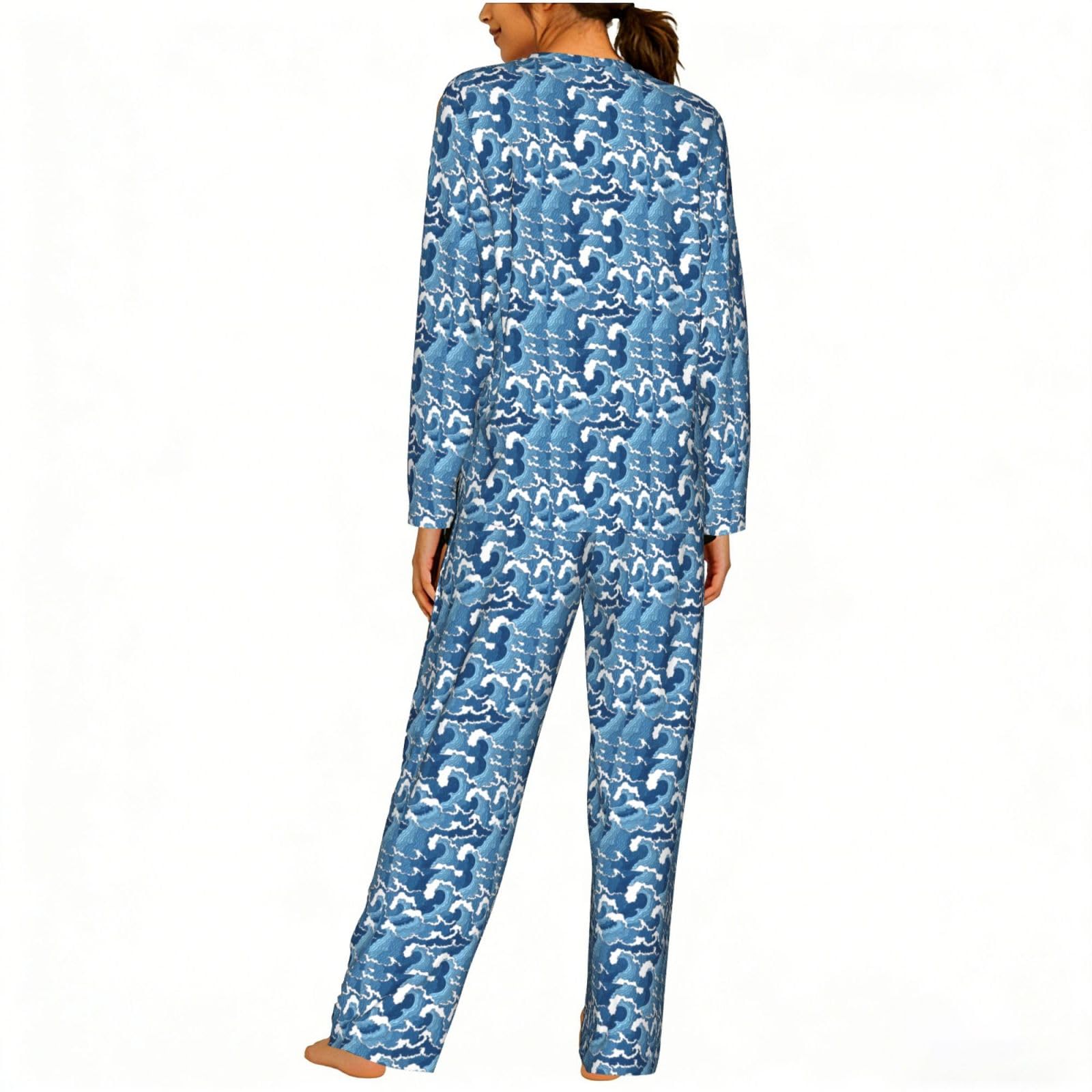 Pigiama da donna a maniche lunghe con stampa di mare tempestoso, morbido pigiama da spiaggia, vacanze, biancheria da notte, regalo casual