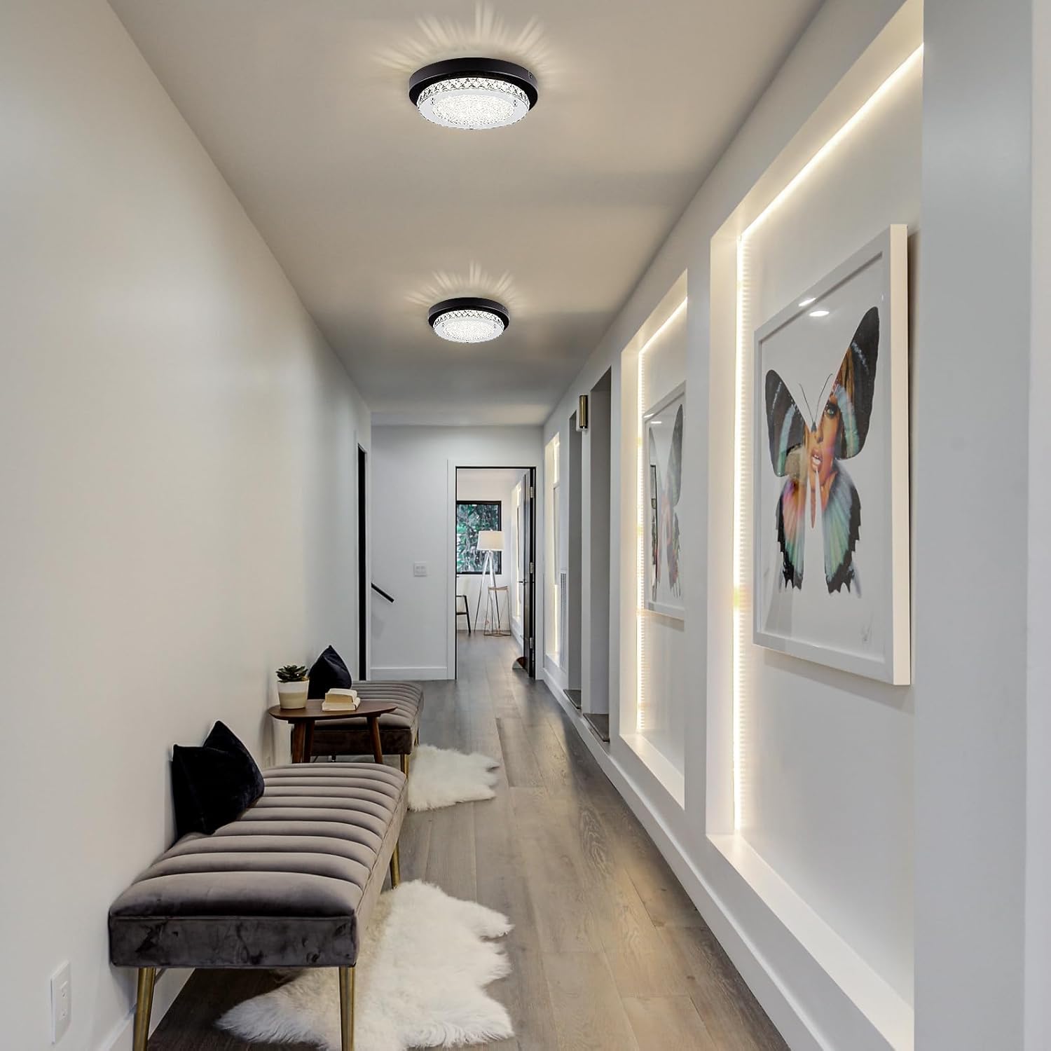 Flush Mount Ceiling Light LED Crystal Bathroom Light Fixture Small 10 Inch Dimmable Hallway Lighting Black Modern Foyer Ceiling Lights for Entryway Laundry Room Mini Kitchen Ceiling Light