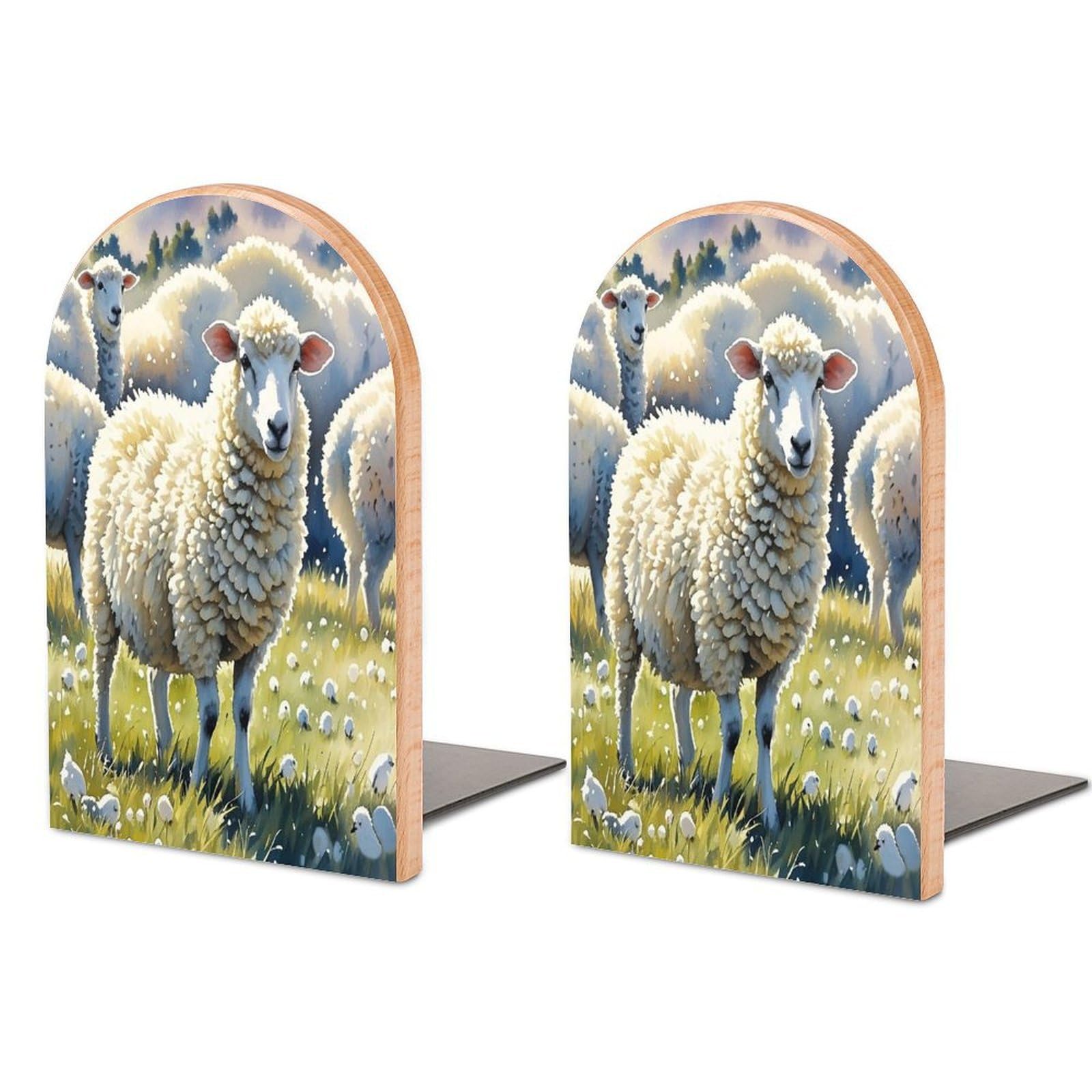 Sheeps Watercolor Book Ends Wood Non-Skid Bookend for Shelves Heavy Duty Bookends with Metal Base Decorative Books Stopper Desk Organizers Book Dividers for Office Home 1 Pair