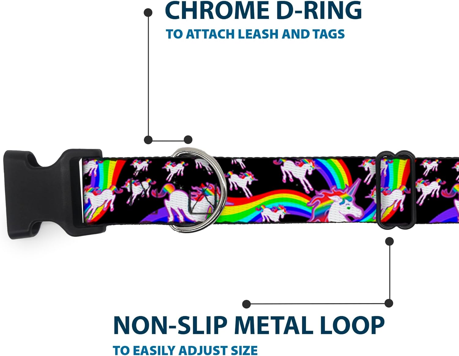 Dog Collar Plastic Clip Unicorns Rainbow Swirl Black 16 to 23 Inches 1.5 Inch Wide