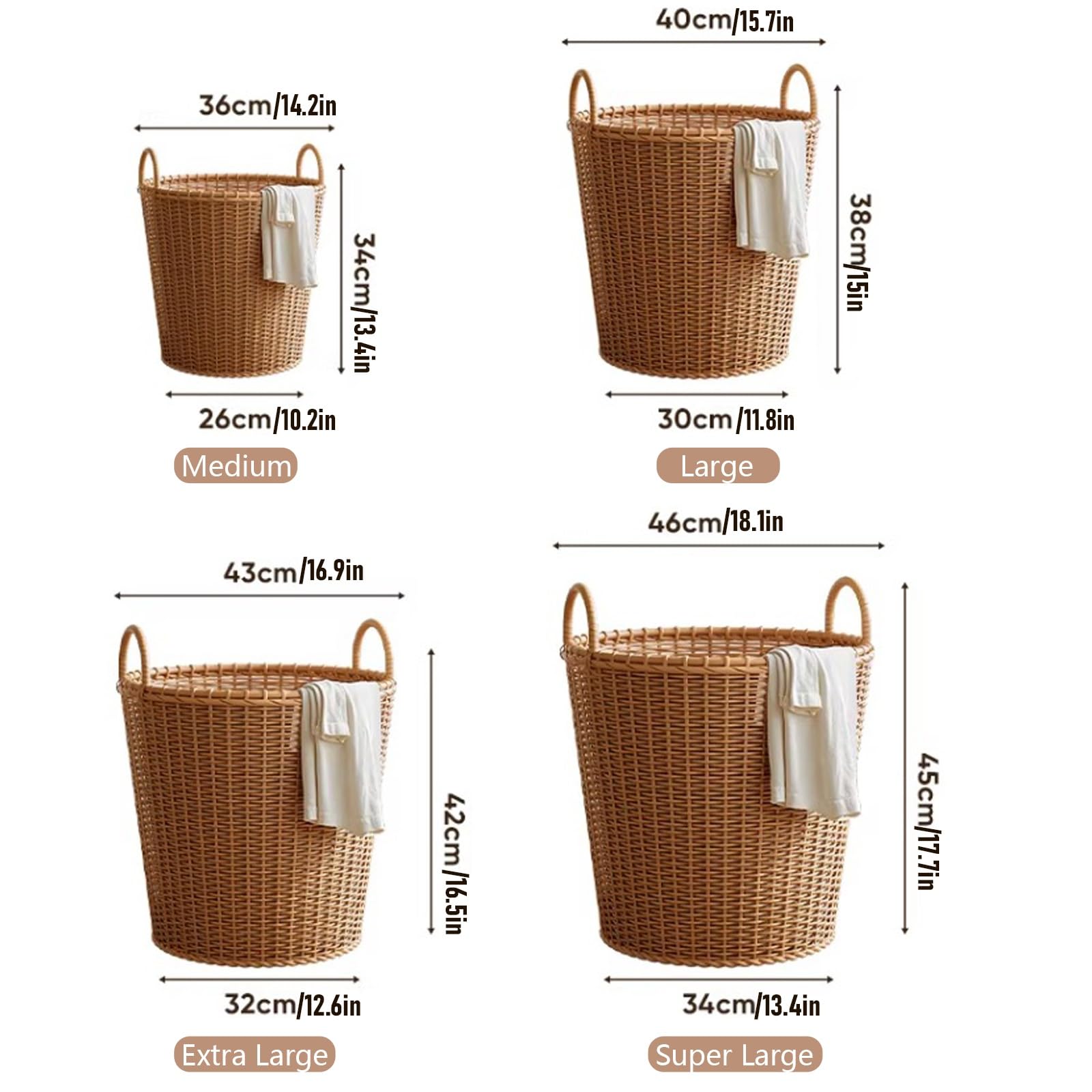Cesto Portabiancheria Intrecciato, Cesto Biancheria Sporca Rotondi in Finto Rattan, Cesti Multifunzionali con Manici, per L'organizzazione e L'arredamento Della Casa(40x38cm/15.7x14.9in)