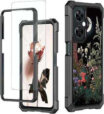 for OnePlus Nord N30 5G Case,Nord N30 5G Phone Case with Glass Screen Protector,Heavy Duty Rugged Hard PC & Soft TPU Shockproof Protective Phone Case for Nord N30 5G-Moon Night Flower
