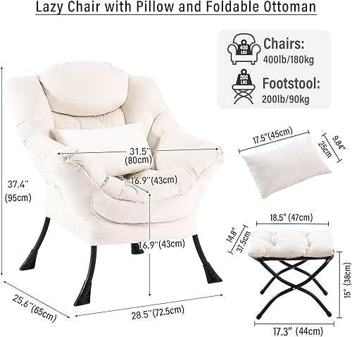 Miniatura 2 de Silla perezosa con otomana, silla decorativa moderna con almohada lumbar, sillas cómodas con reposapiés plegable para dormitorio, lectura, sillas de
