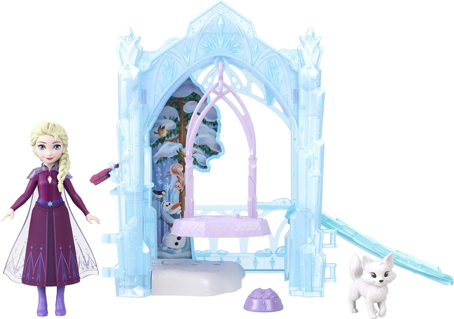 Mattel Disney Frozen Elsa Small Doll & Winter Animal Playset with Fox and Bird Figures, Slide & Accessories, Storytime Stackers ICY Animal Hideaway
