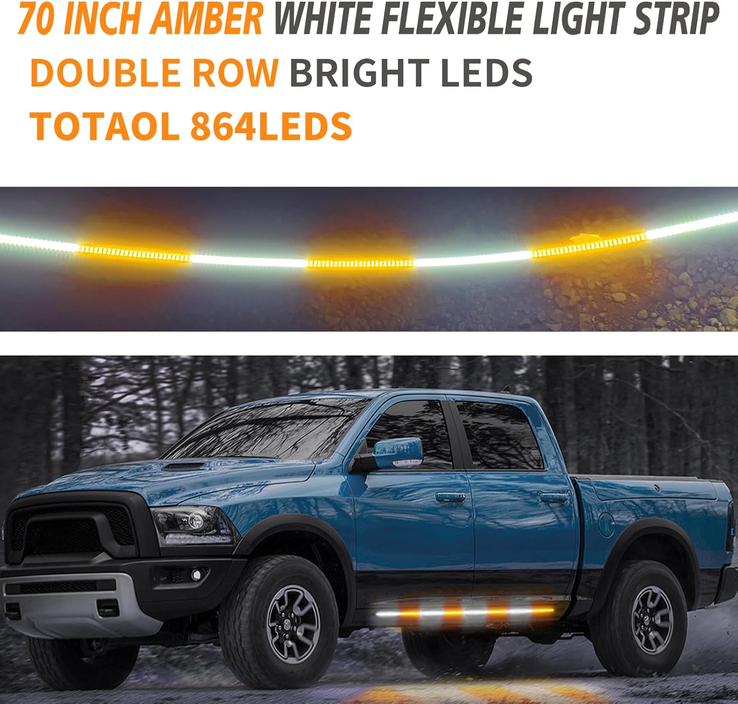 2Pcs 70in Amber White Strobe Lights Strip for Trucks, 864 LED Warning Hazard Lights, 29 Functions Flashing Emergency Running Board Lights for Construction Vehicles Pickup SUV,Waterproof, DC12V