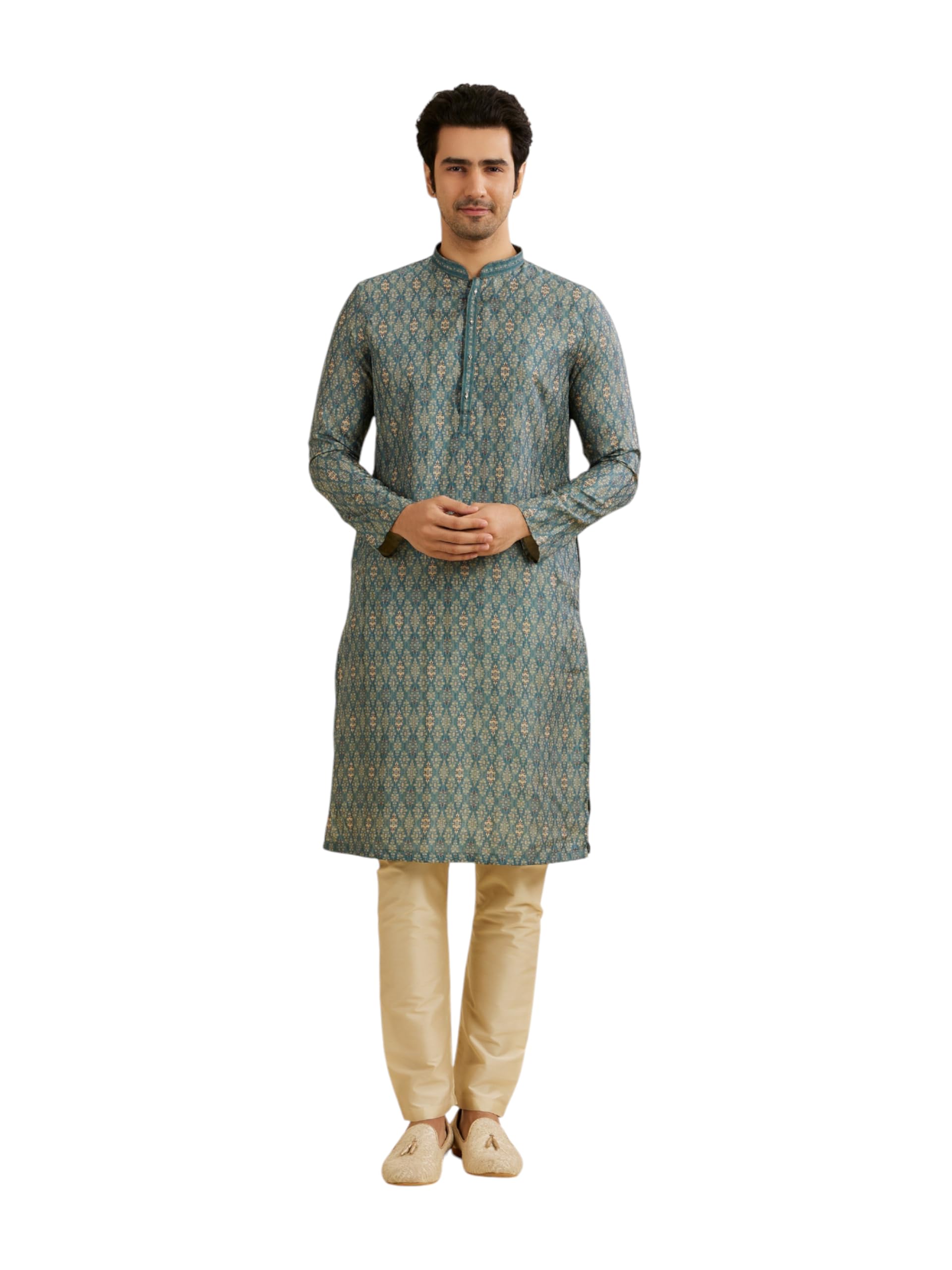 manyavar Men's Art Silk Medallion Jaal Patterned Kurta Pyjama Set (2pcs)-picture-12