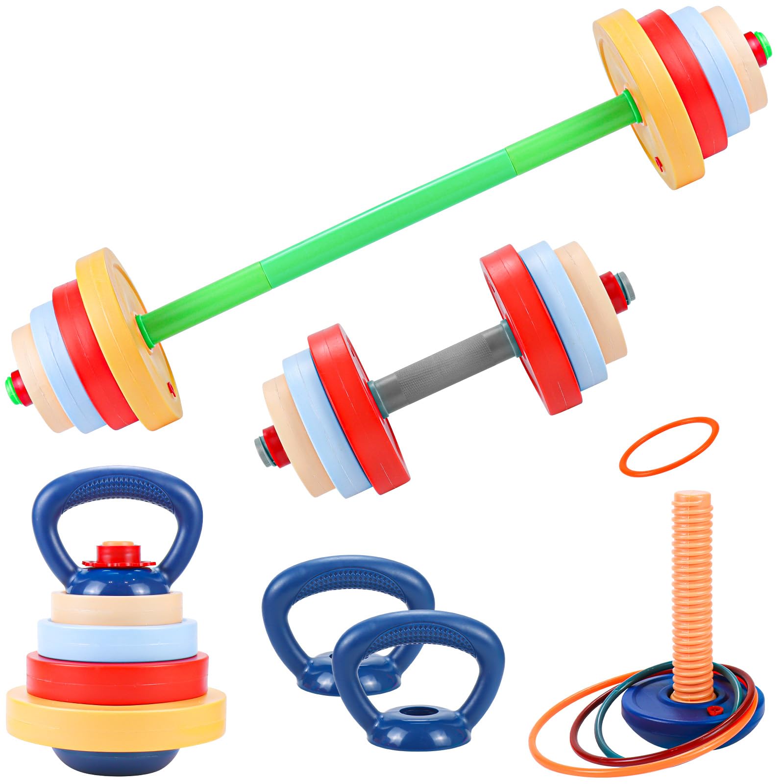 5-In-1 Kids Weight Set, Adjustable Barbell Dumbbells Kettlebell Ring Toss and Push-Up Kit, Fillable Plastic Hand Weights Kids Workout Equipment for Boys Girls Home Use