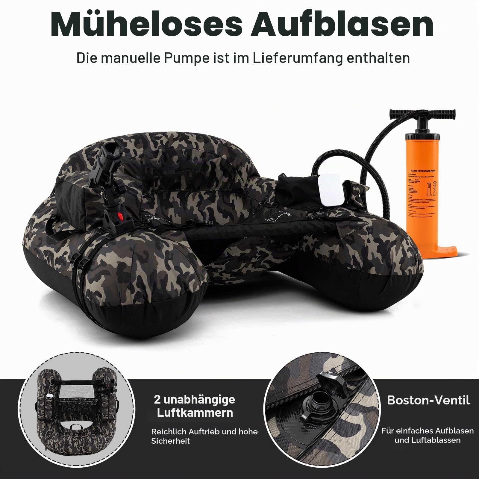 HOMASIS Schlauchboot, aufblasbares Angelboot mit Pumpe, Alu-Paddel & Flossen, Fischerboot mit Verstellbarer Angelrutenhalter & Fischhakenstator, Belly Boat 150 kg belastbar, 111x104x46cm