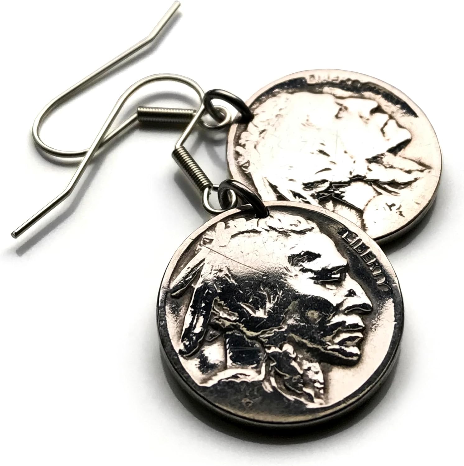 United States 5 Cent Indian Head Buffalo Nickel coin earrings Native American Indian bison Iron Tail Oglala Lakota chief Two Moons Cheyenne Navajo Cherokee Chippewa Choctaw Apache Blackfeet e000113