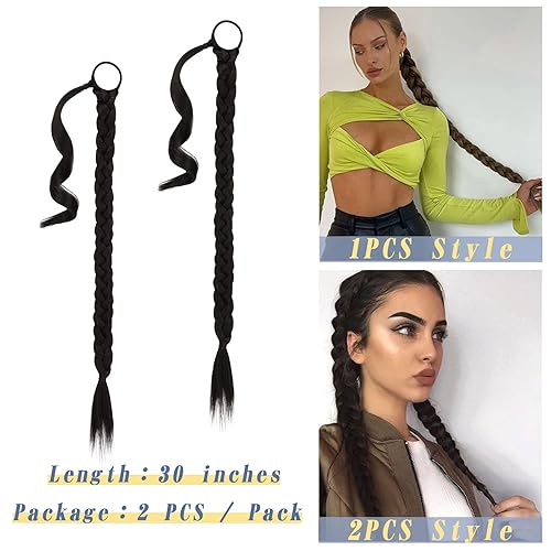 Miniatura 11 de BARSDAR 30 Inch Long Braided Ponytail Extension with Hair Tie - Straight Sleek Wrap Around Brown Braided Ponytail Hair Extensions - Synthetic Pony