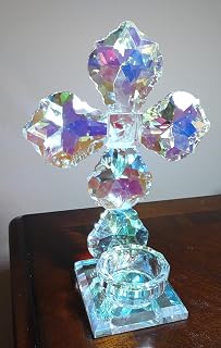 Iridescent Crystal Cross with Votive Holder, 7.5" H x 5.75" W x 3" D