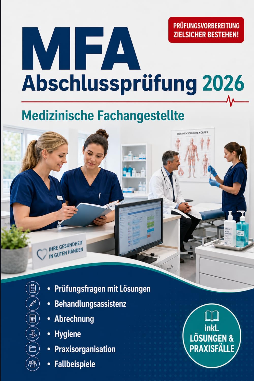 MFA Abschlussprüfung 2026 — Medizinische Fachangestellte: Prüfungsfragen mit Lösungen, Behandlungsassistenz, Abrechnung, Hygiene, Praxisorganisation und Fallbeispiele