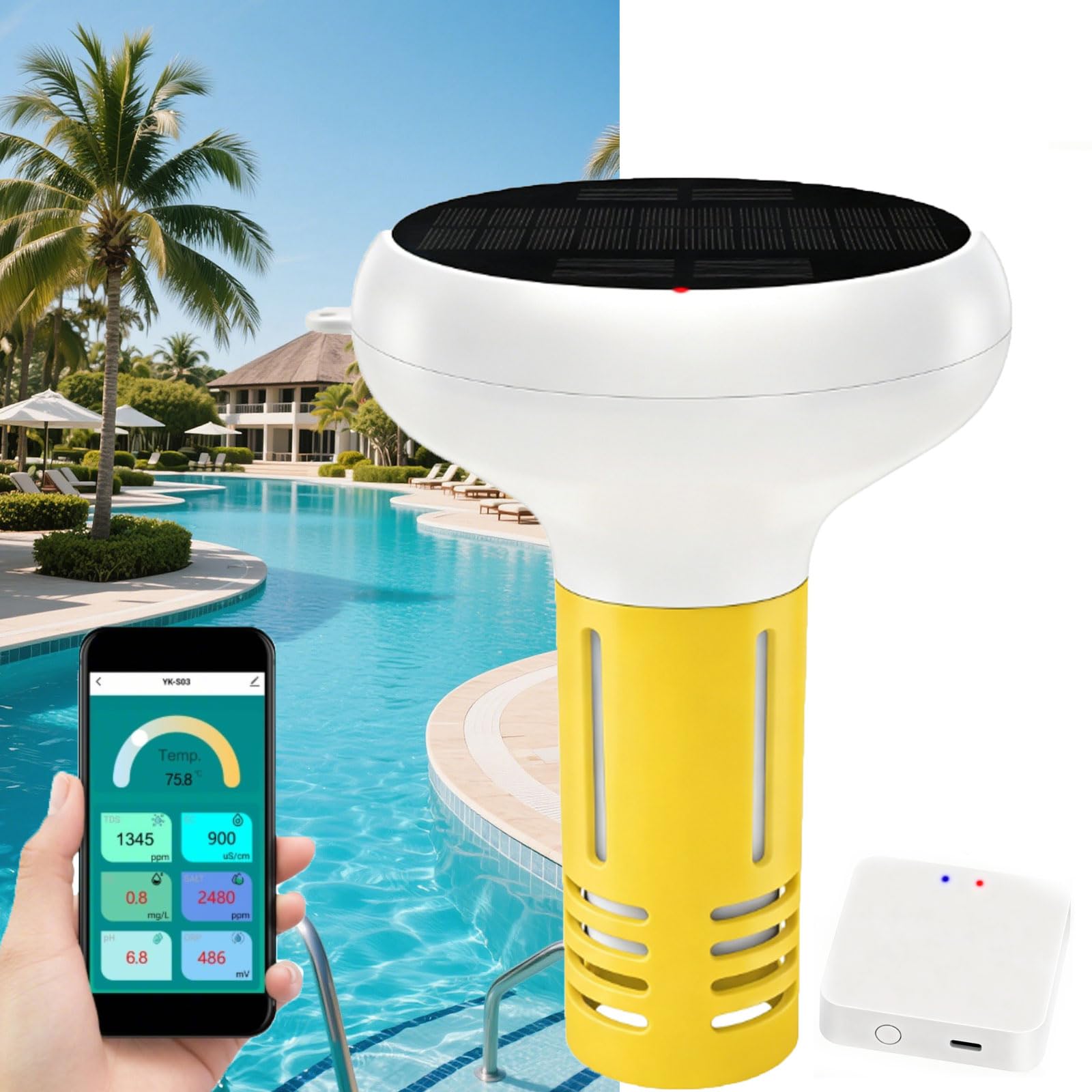 Testeur d'eau de piscine, testeur solaire flottant intelligent 7 en 1 avec exportation de données et alarme pour piscines, jacuzzi et spas